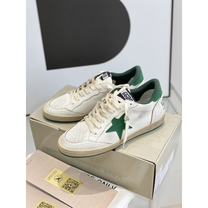 Gold Goose White Ball Star Sneakers Leather With  Green Star And Heel Tab