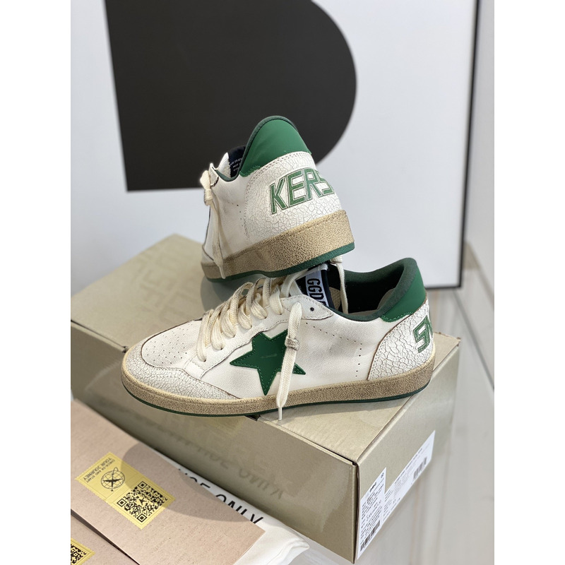 Gold Goose White Ball Star Sneakers Leather With  Green Star And Heel Tab