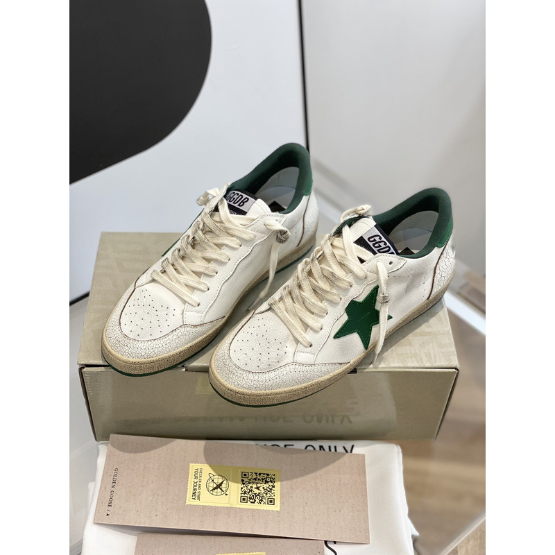 Gold Goose White Ball Star Sneakers Leather With  Green Star And Heel Tab