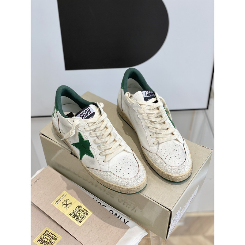 Gold Goose White Ball Star Sneakers Leather With  Green Star And Heel Tab