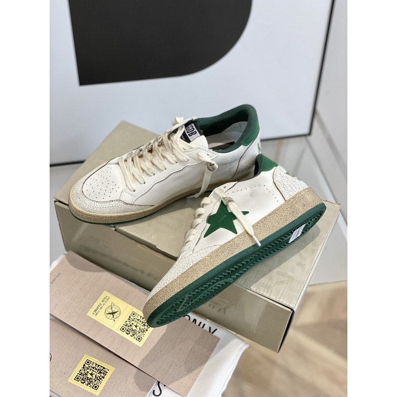 Gold Goose White Ball Star Sneakers Leather With  Green Star And Heel Tab