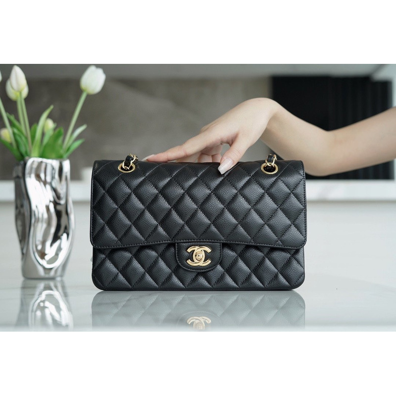 Ch*el classic double flap quilted caviar gold-tone medium black