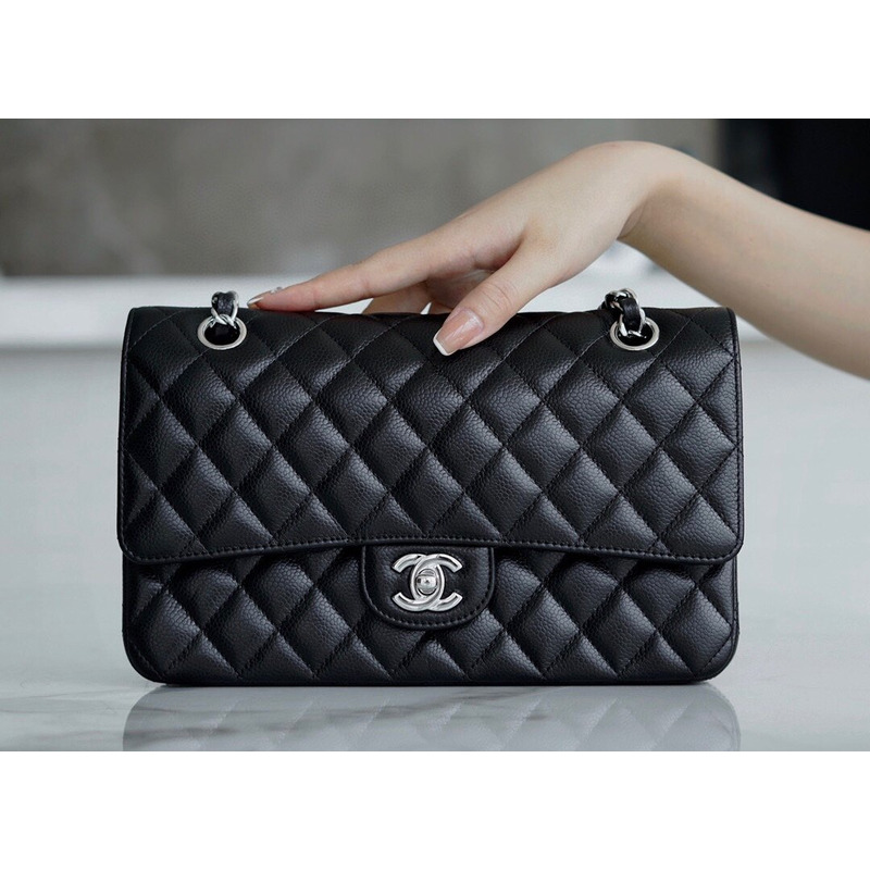 Ch*el classic double flap quilted lambskin silver-tone medium black