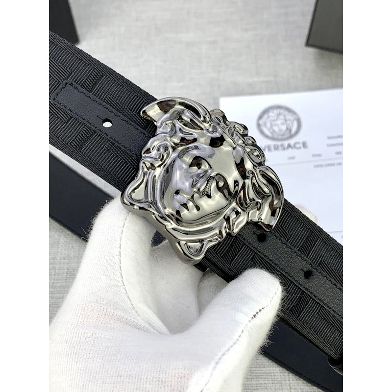 Versace Medusa Head Greca Leather Belt Silver Buckle