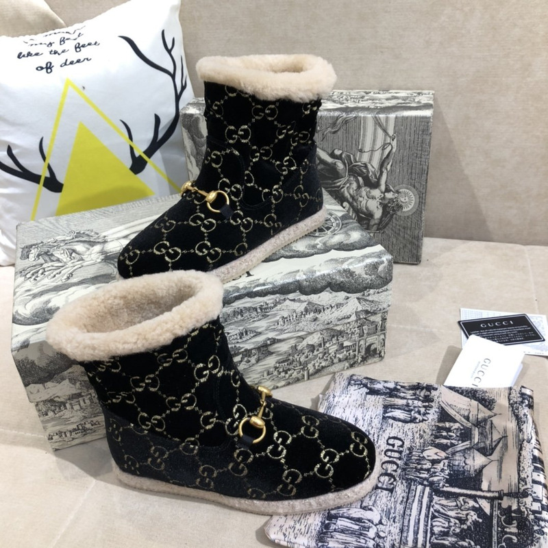 G*u*i fria horsebit gg wool shearling collar high top booties black gold