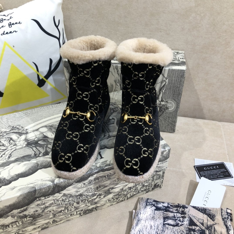 G*u*i fria horsebit gg wool shearling collar high top booties black gold