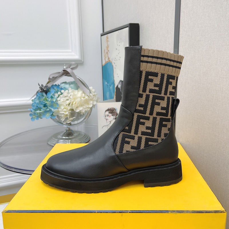 F**di black leather biker boots with ff motif sock leg