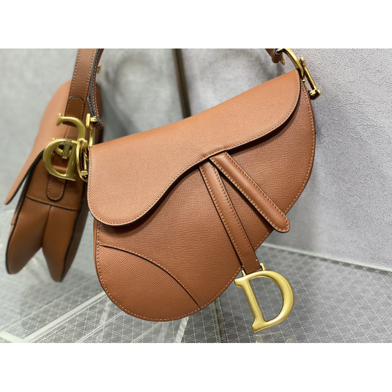 D*or saddle bag with strap cognac-colored grained calfskin