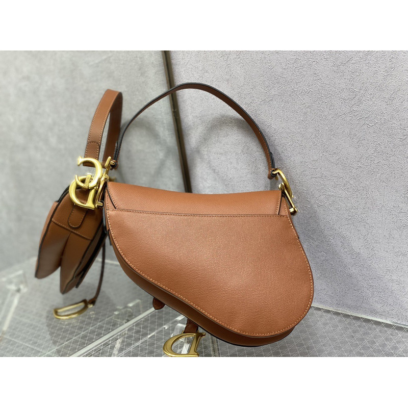 D*or saddle bag with strap cognac-colored grained calfskin