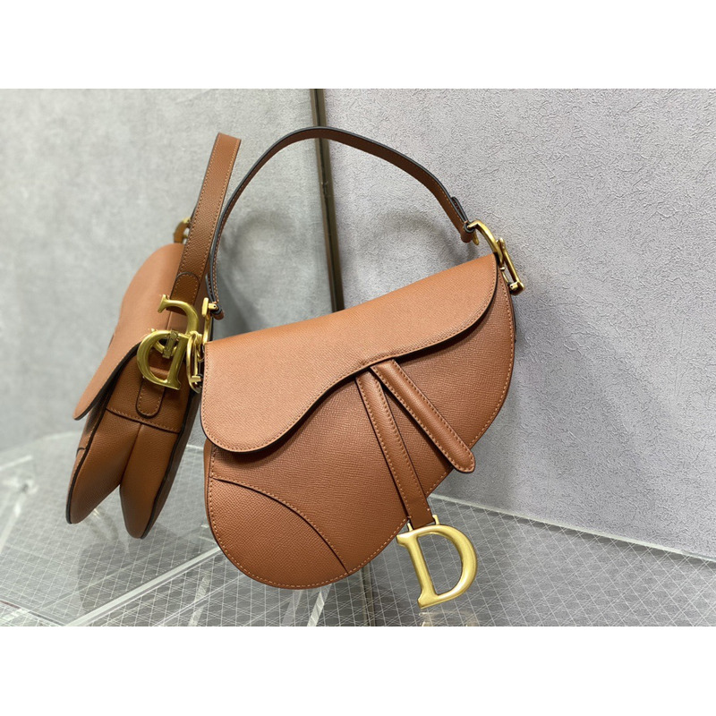 D*or saddle bag with strap cognac-colored grained calfskin