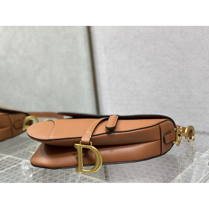 D*or saddle bag with strap cognac-colored grained calfskin