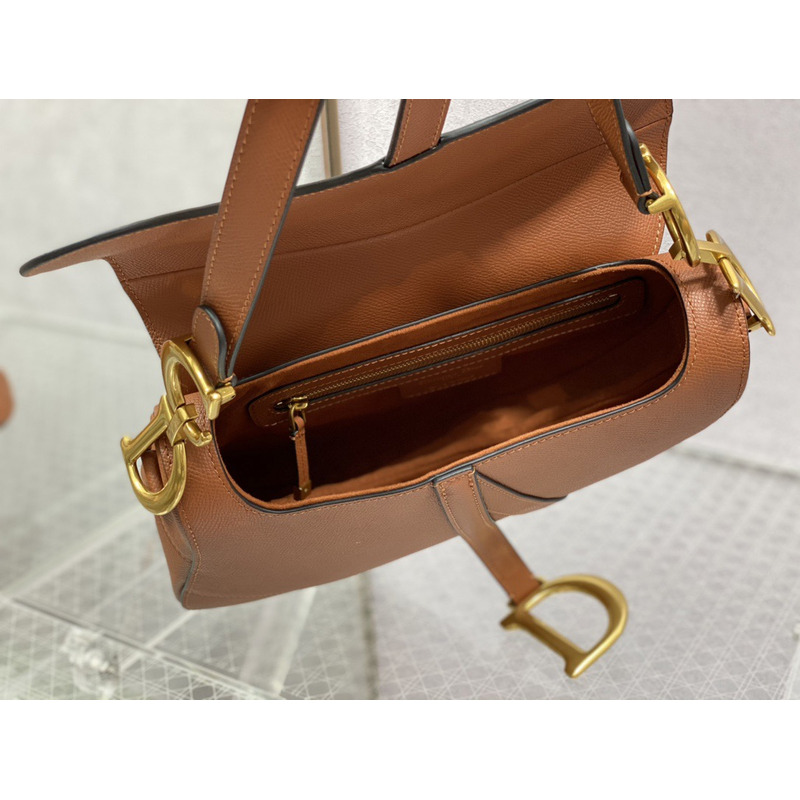 D*or saddle bag with strap cognac-colored grained calfskin