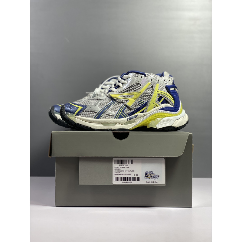 Ba*len*cia*ga runner sneaker in white, blue, yellow, grey and black mesh and nylon