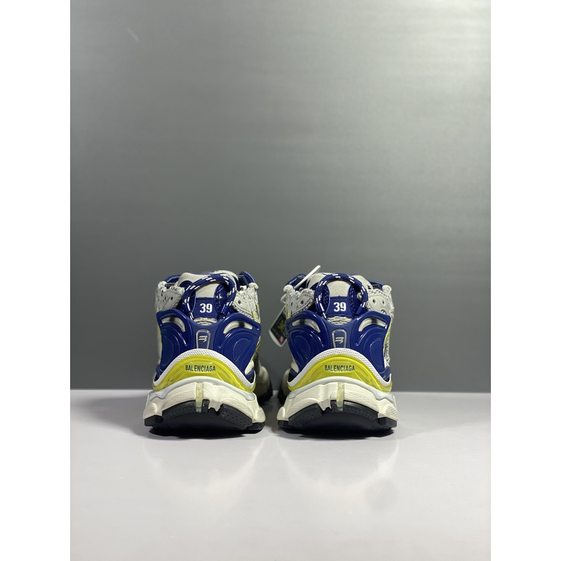 Ba*len*cia*ga runner sneaker in white, blue, yellow, grey and black mesh and nylon