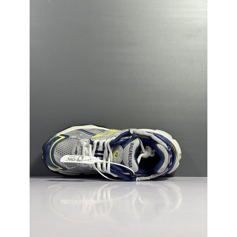 Ba*len*cia*ga runner sneaker in white, blue, yellow, grey and black mesh and nylon