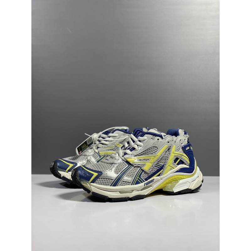 Ba*len*cia*ga runner sneaker in white, blue, yellow, grey and black mesh and nylon