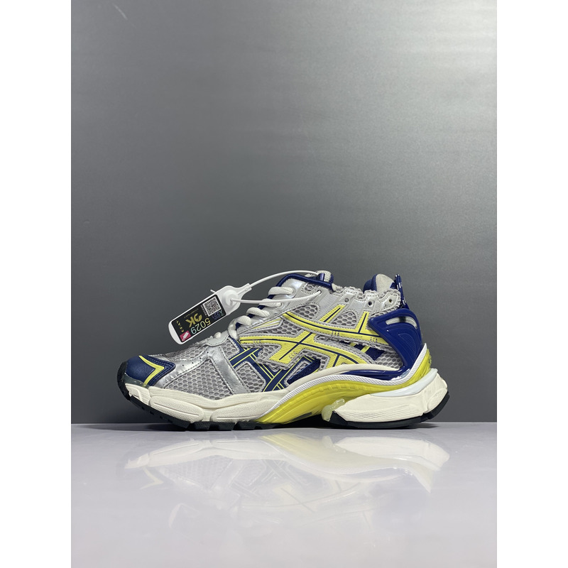 Ba*len*cia*ga runner sneaker in white, blue, yellow, grey and black mesh and nylon