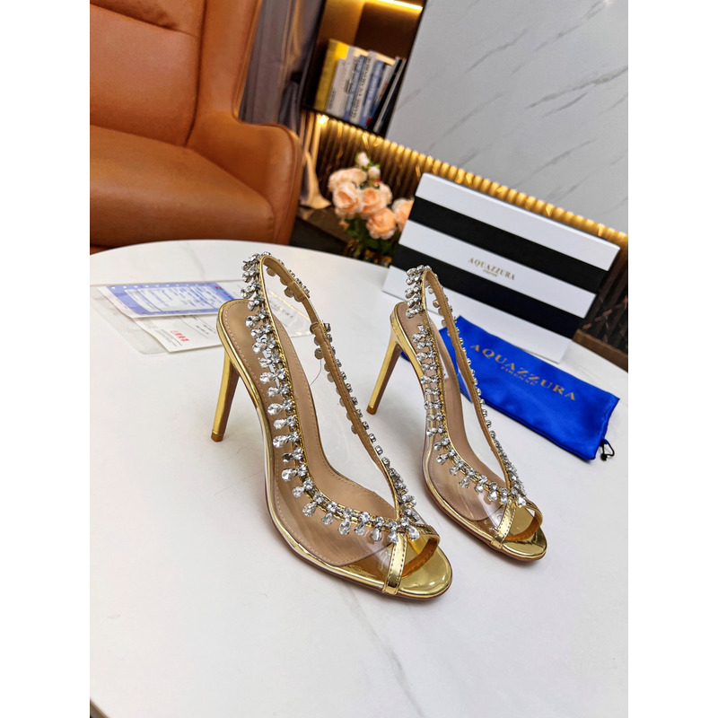 Aquazzura Temptation Crystal Embellished Open Toe Pumps Gold