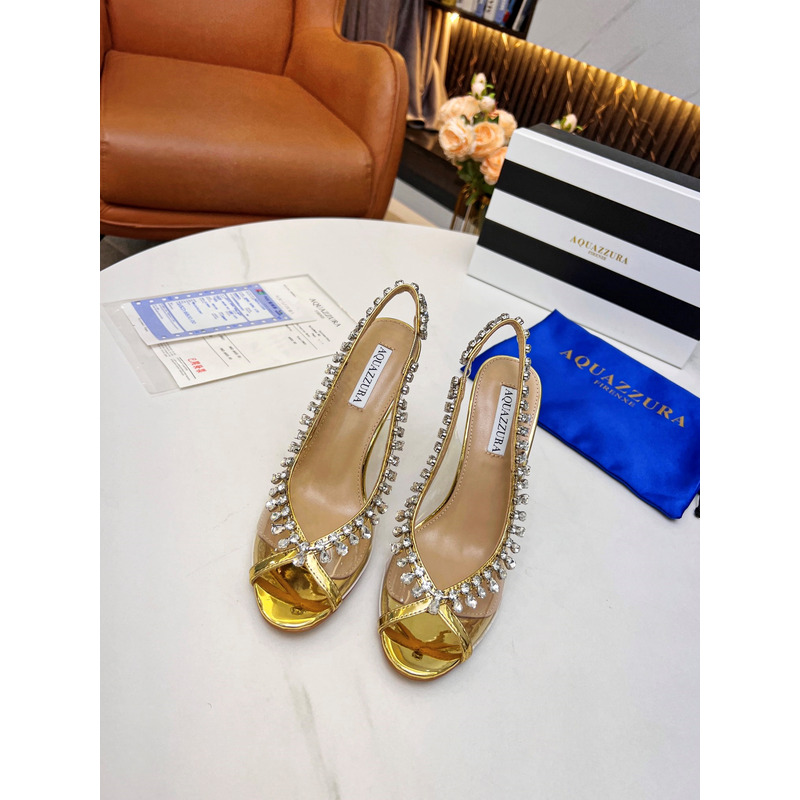 Aquazzura Temptation Crystal Embellished Open Toe Pumps Gold