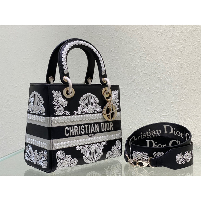 Medium Lady D-Lite Bag PERSONALIZE  Mediu Black and White Ornamental Cornely-Effect Embroidery