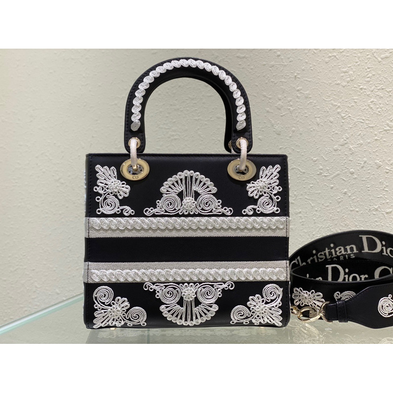 Medium Lady D-Lite Bag PERSONALIZE  Mediu Black and White Ornamental Cornely-Effect Embroidery