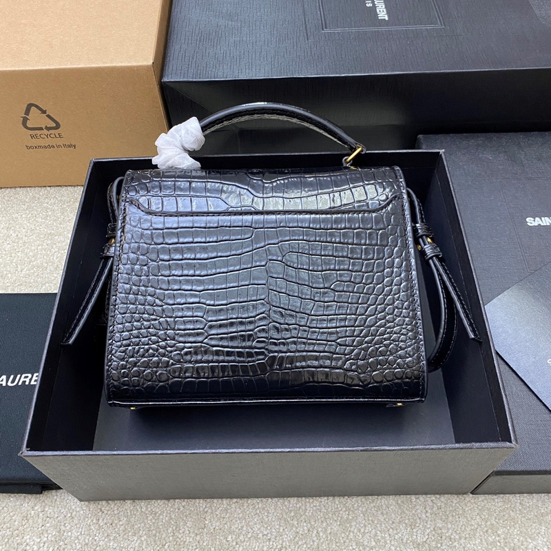 Saint Laurent Navy Crocodile-Embossed Cassandra Top Handle Bag