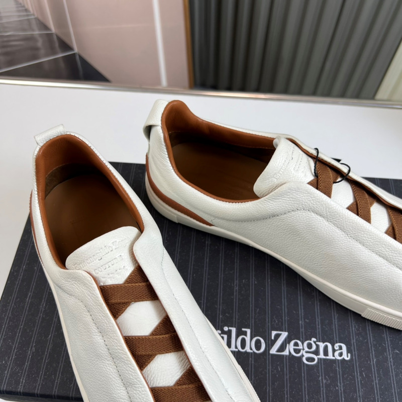 Ermenegildo Zegna White Coffee Deerskin Triple Stitch Low Top Sneaker