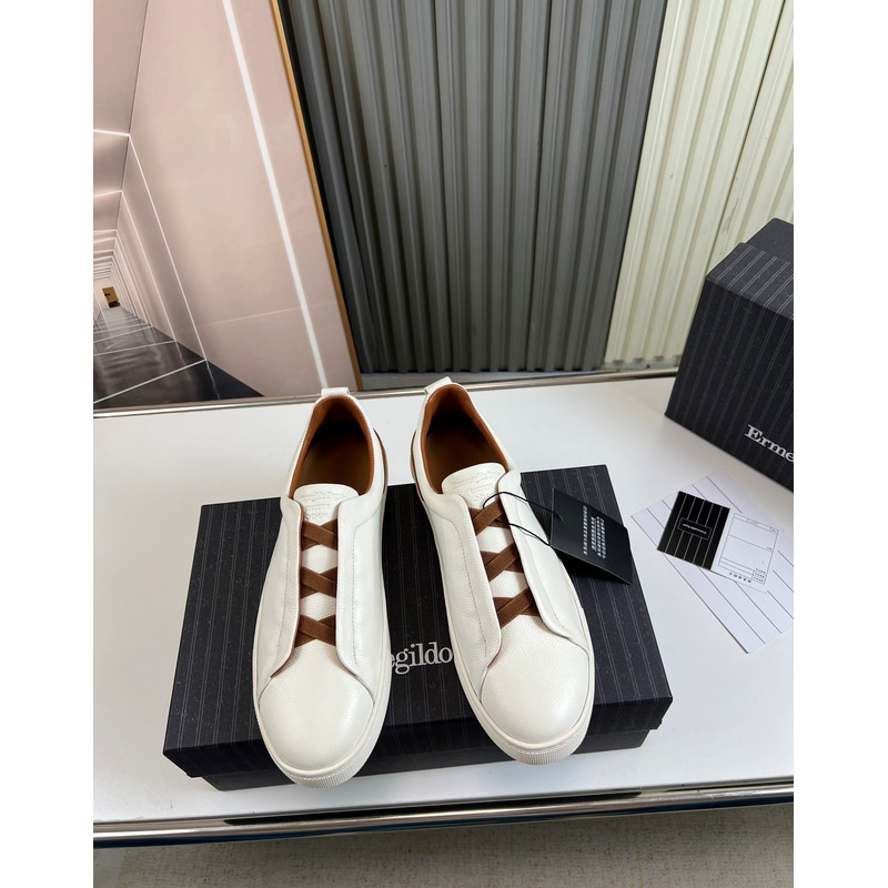 Ermenegildo Zegna White Coffee Deerskin Triple Stitch Low Top Sneaker