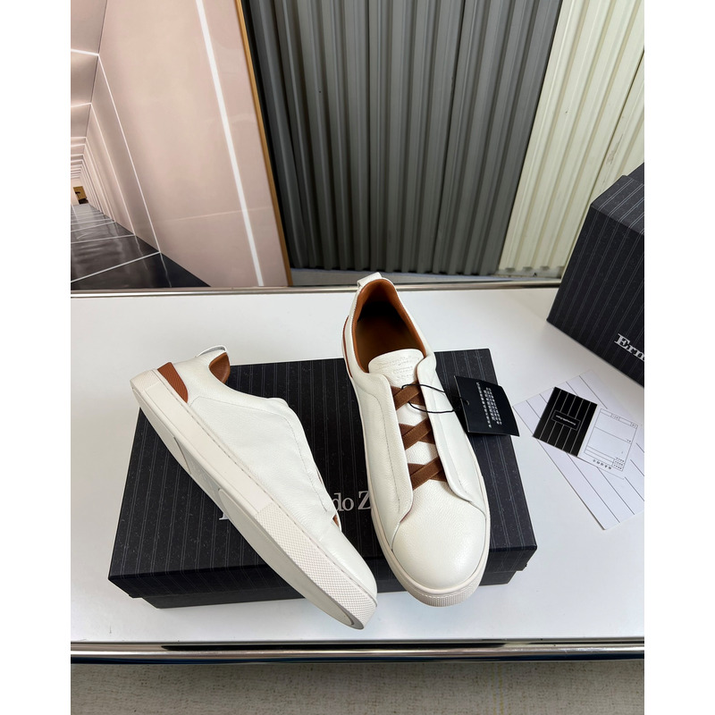 Ermenegildo Zegna White Coffee Deerskin Triple Stitch Low Top Sneaker