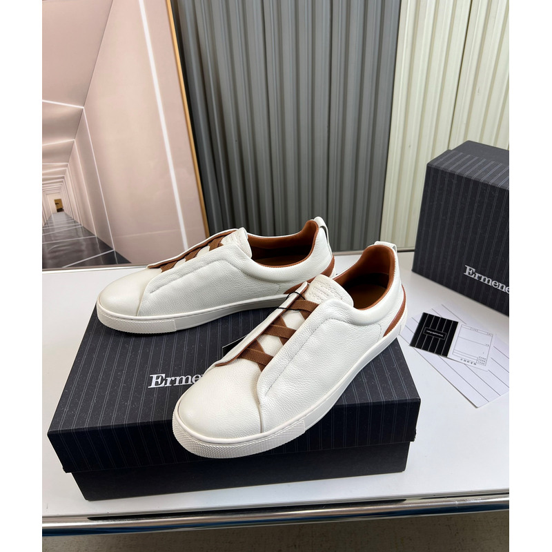 Ermenegildo Zegna White Coffee Deerskin Triple Stitch Low Top Sneaker