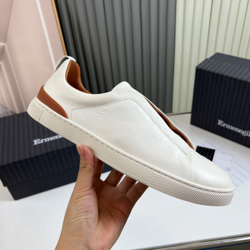 Ermenegildo Zegna White Coffee Deerskin Triple Stitch Low Top Sneaker