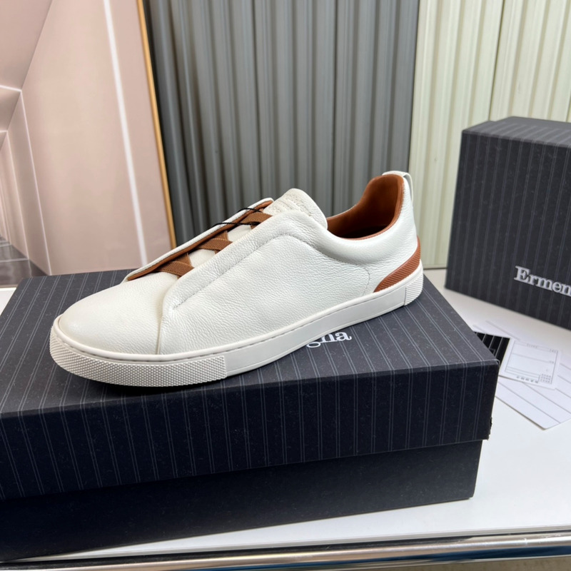 Ermenegildo Zegna White Coffee Deerskin Triple Stitch Low Top Sneaker