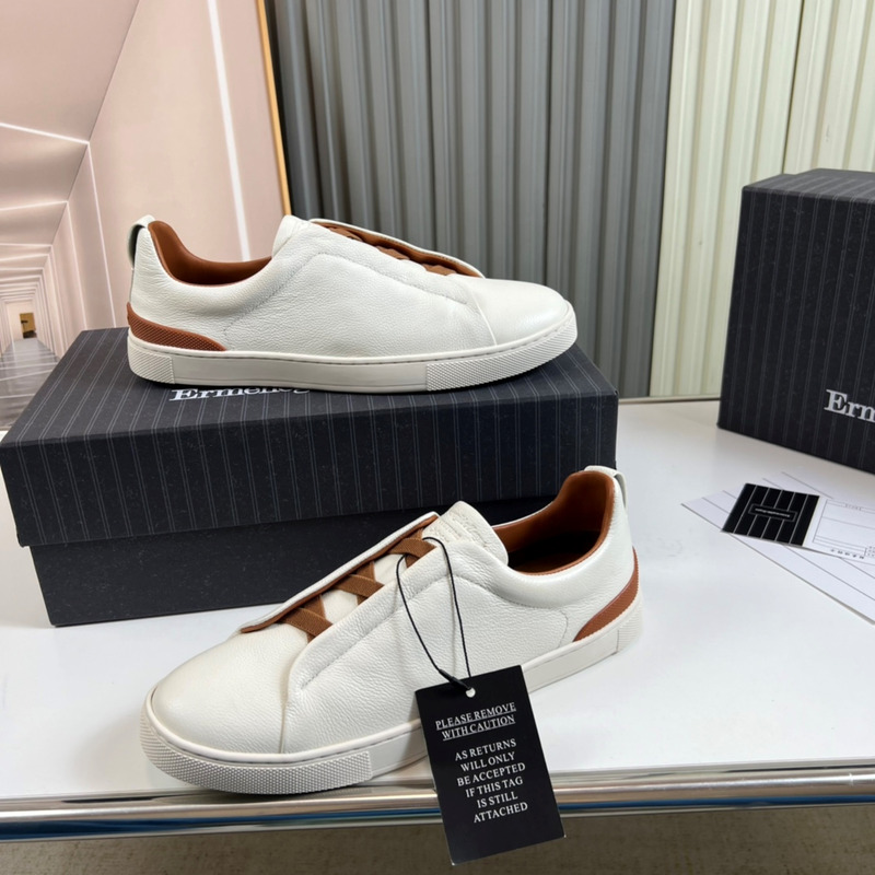 Ermenegildo Zegna White Coffee Deerskin Triple Stitch Low Top Sneaker