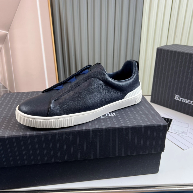 Ermenegildo Zegna Dark Blue Deerskin Triple Stitch Low Top Sneaker