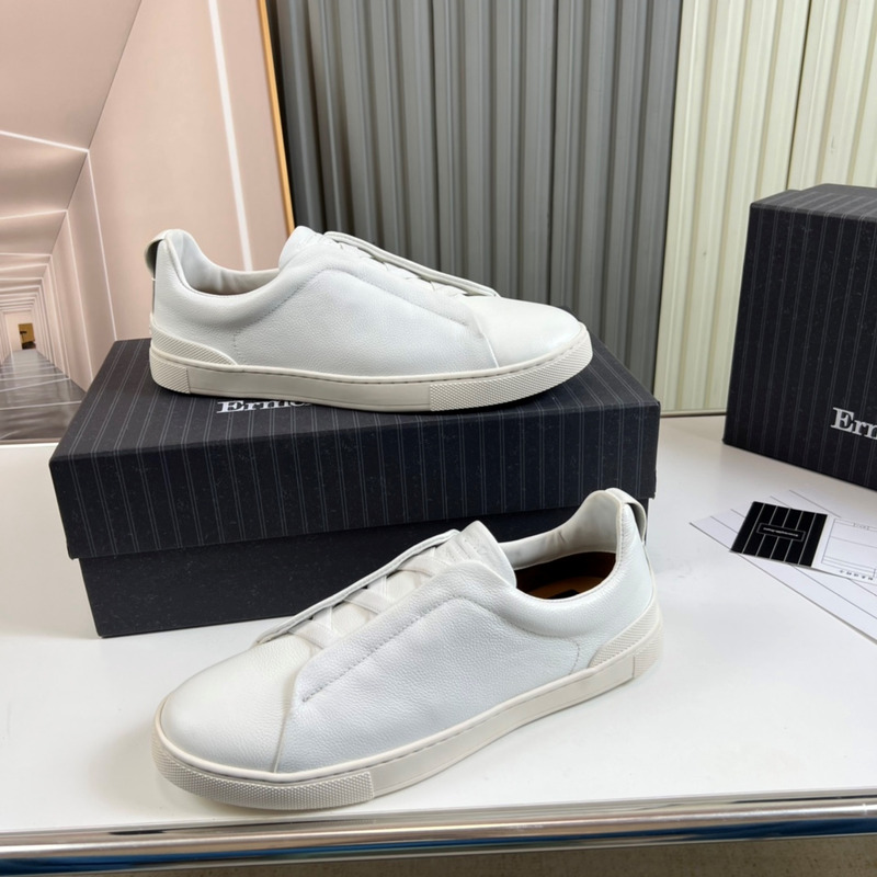 Ermenegildo Zegna White Deerskin Triple Stitch Low Top Sneaker