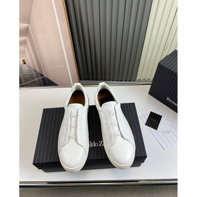 Ermenegildo Zegna White Deerskin Triple Stitch Low Top Sneaker