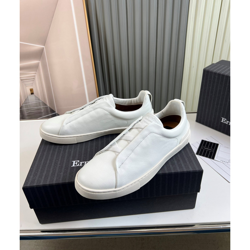 Ermenegildo Zegna White Deerskin Triple Stitch Low Top Sneaker