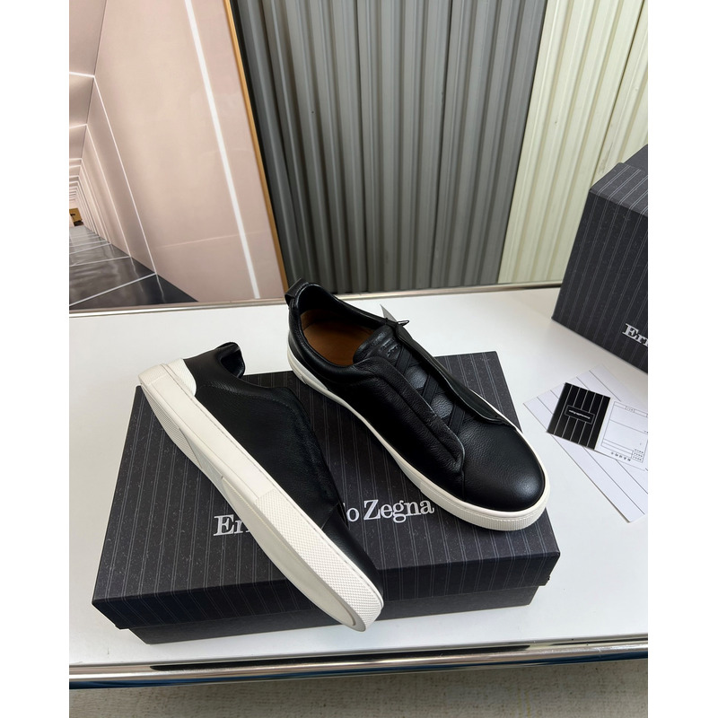 Ermenegildo Zegna Black Deerskin Triple Stitch Low Top Sneaker