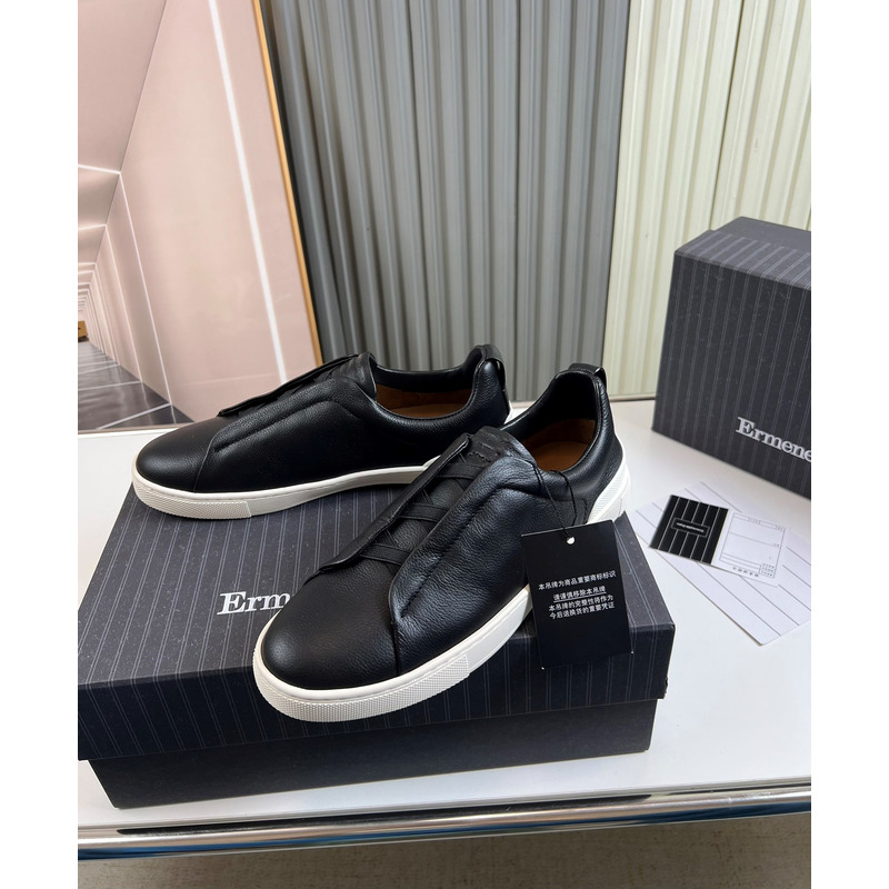 Ermenegildo Zegna Black Deerskin Triple Stitch Low Top Sneaker