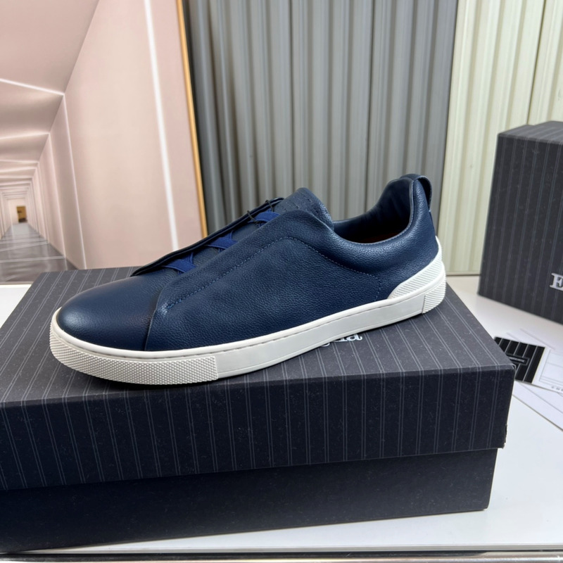 Ermenegildo Zegna Blue Deerskin Triple Stitch Low Top Sneaker