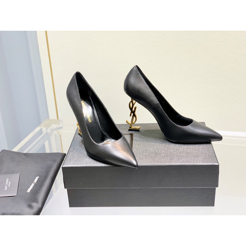 Saint Laurent Opyum Logo 110 Plaque Pumps Polished Leather Heels Gold