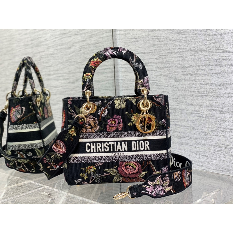 D*or medium lady d-lite bag black multicolor D*or jardin botanique embroidery