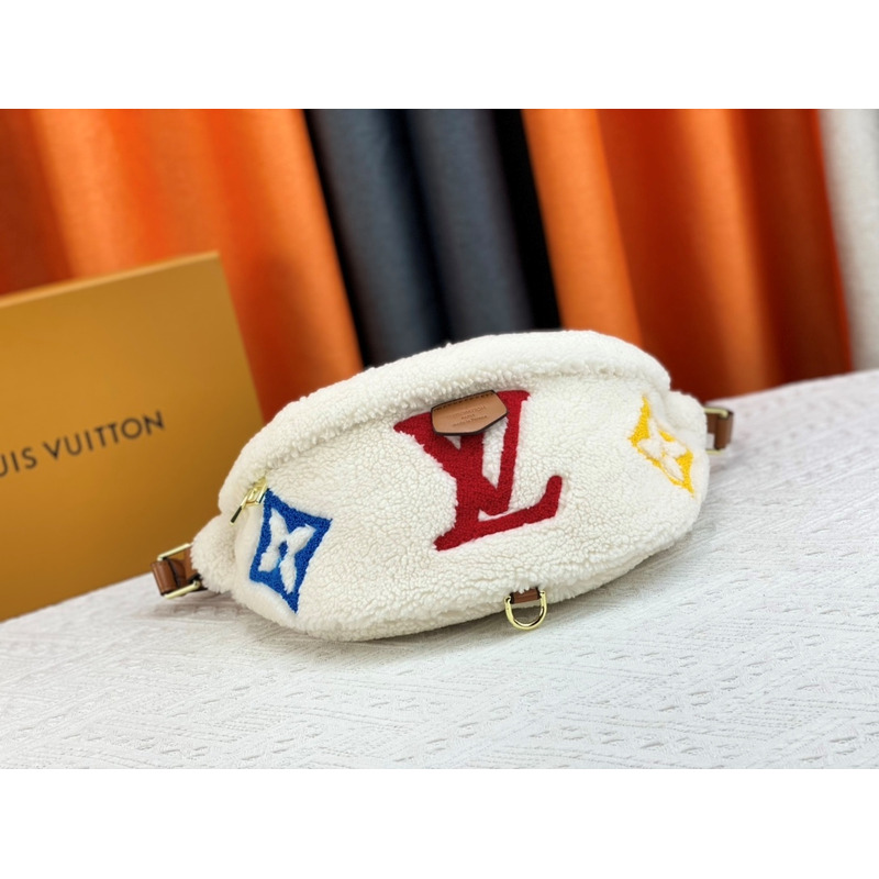 l**is V*t*n monogram shearling bumbag white with red logo