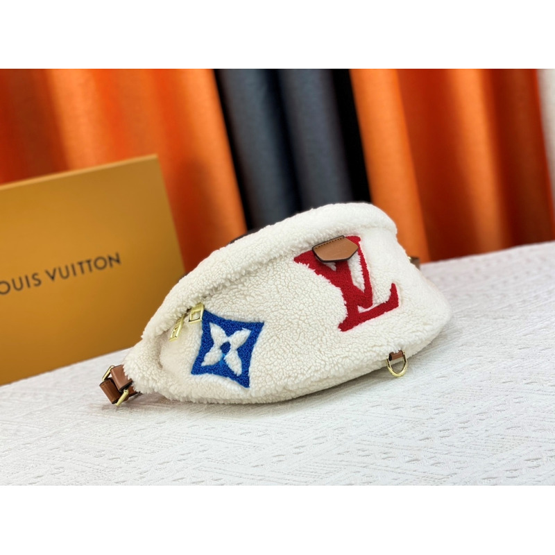 l**is V*t*n monogram shearling bumbag white with red logo