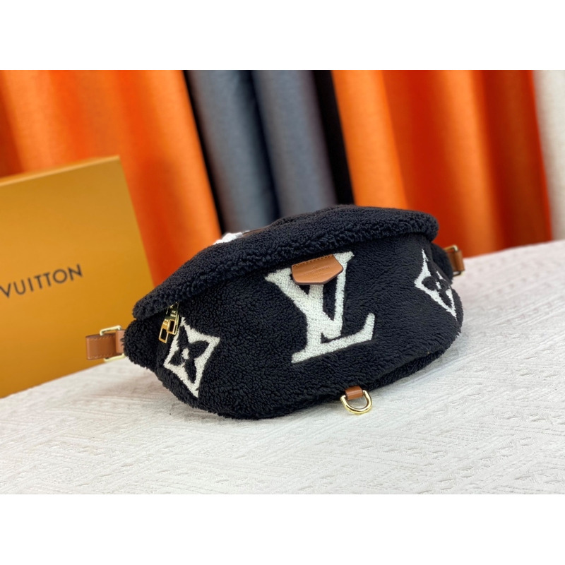 l**is V*t*n monogram shearling bumbag black with white logo