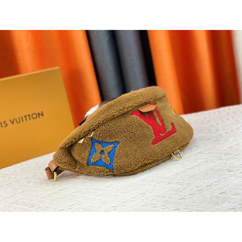 l**is V*t*n monogram shearling bumbag brown with red logo