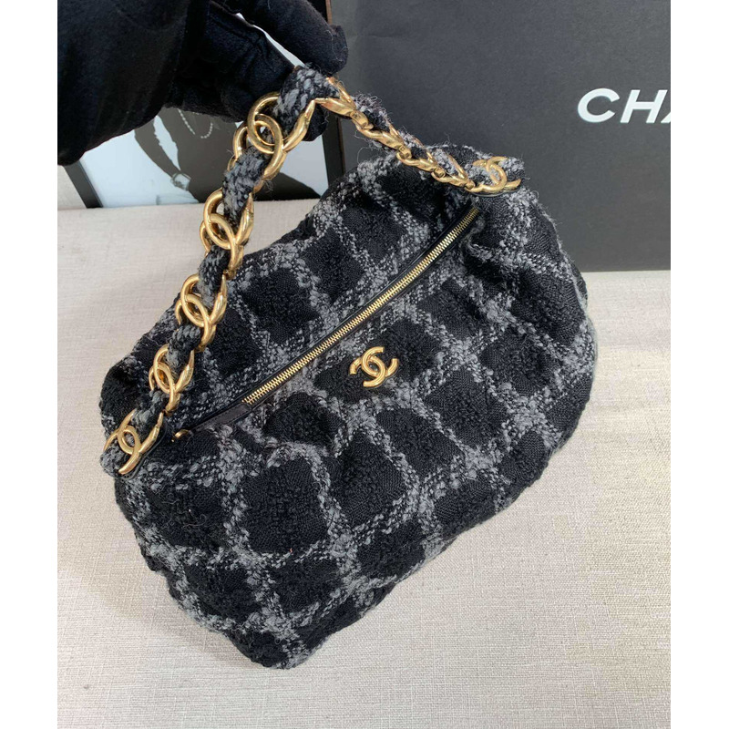 Ch*el hobo bag wool twill & gold-tone metal black and gray