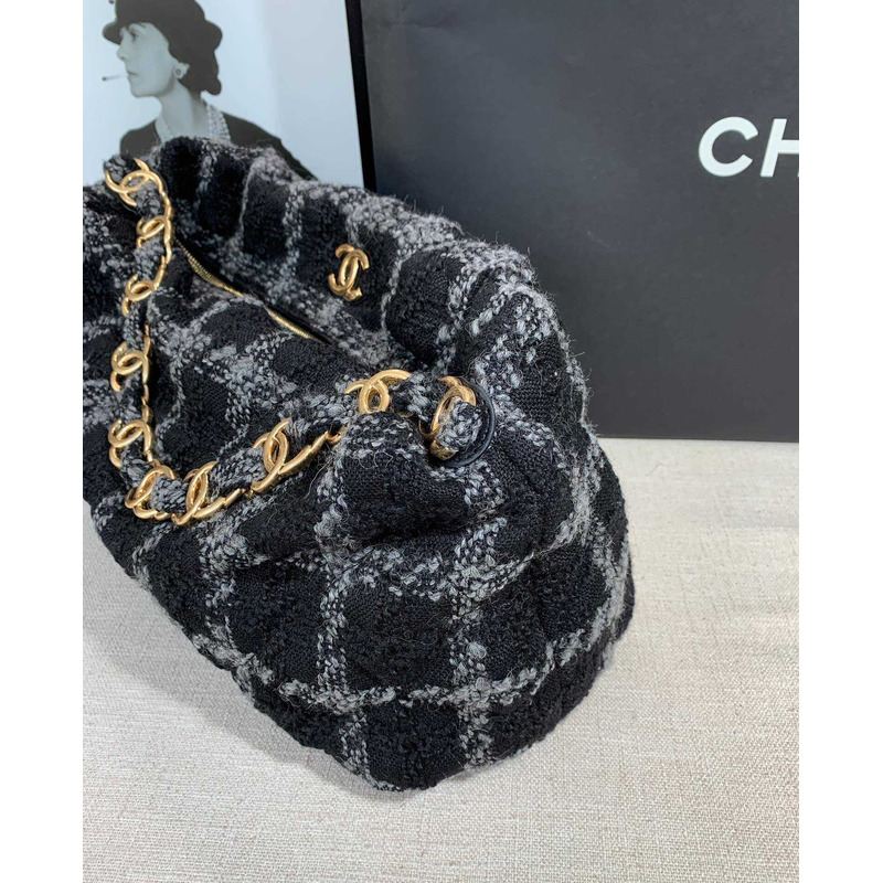 Ch*el hobo bag wool twill & gold-tone metal black and gray