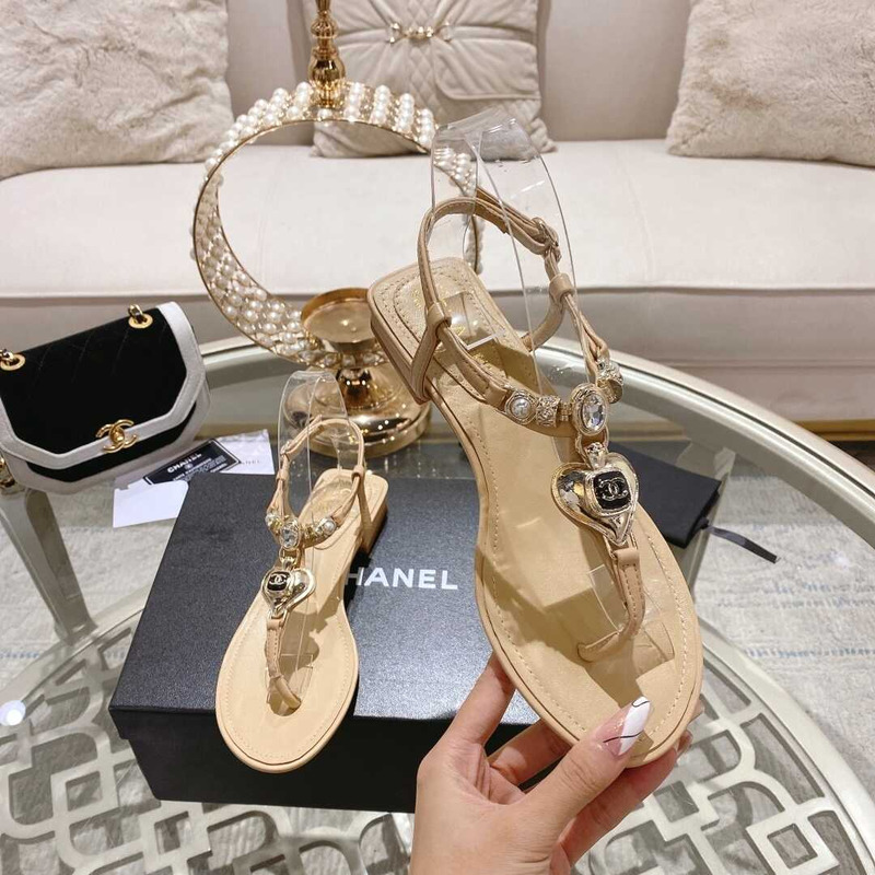 Ch*el lambskin metal diamanté & imitation pearls sandals champagne