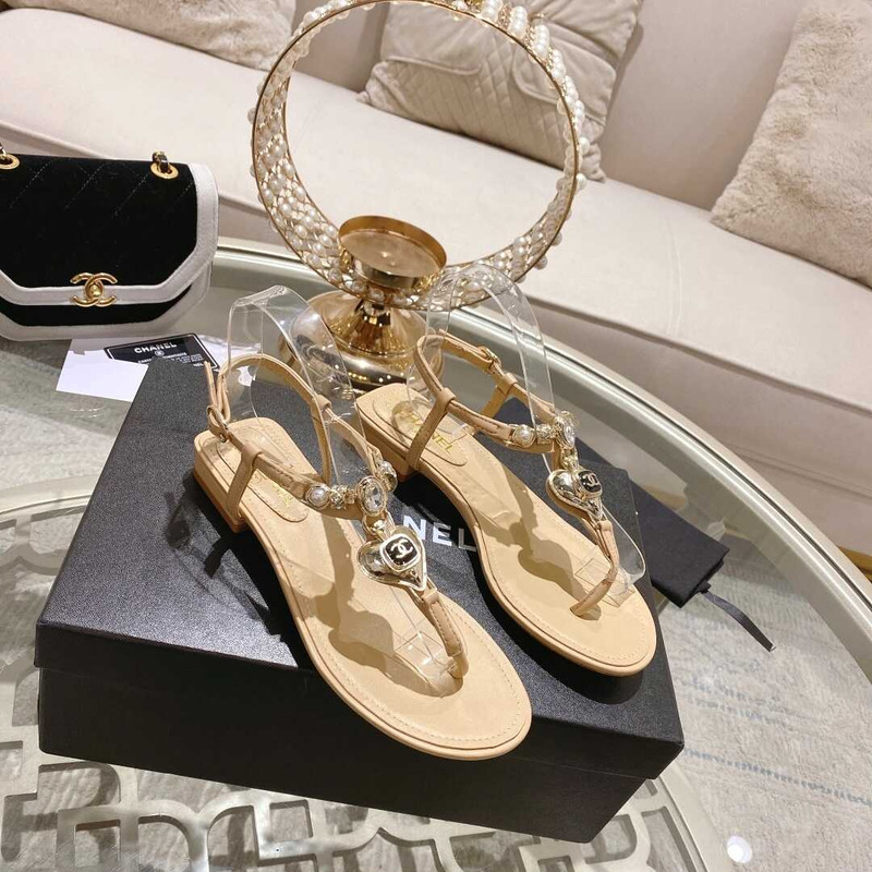 Ch*el lambskin metal diamanté & imitation pearls sandals champagne